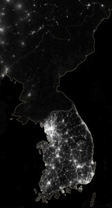 A satellite photo showing North and South Korea at night
