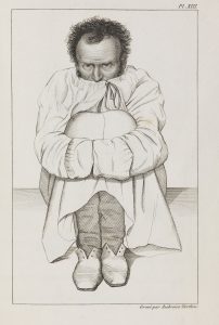Etching of a man in a strait-jacket