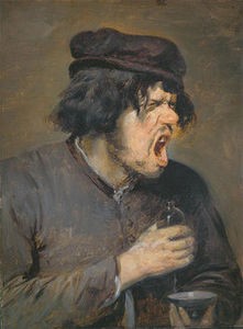 Colour painting of a man grimacing, holding a bottle of medicine